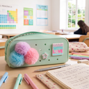 Mint Silicone Pencil Case with Pompom