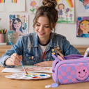 Purple Multi Pockets Smiley Chess Pencil Case